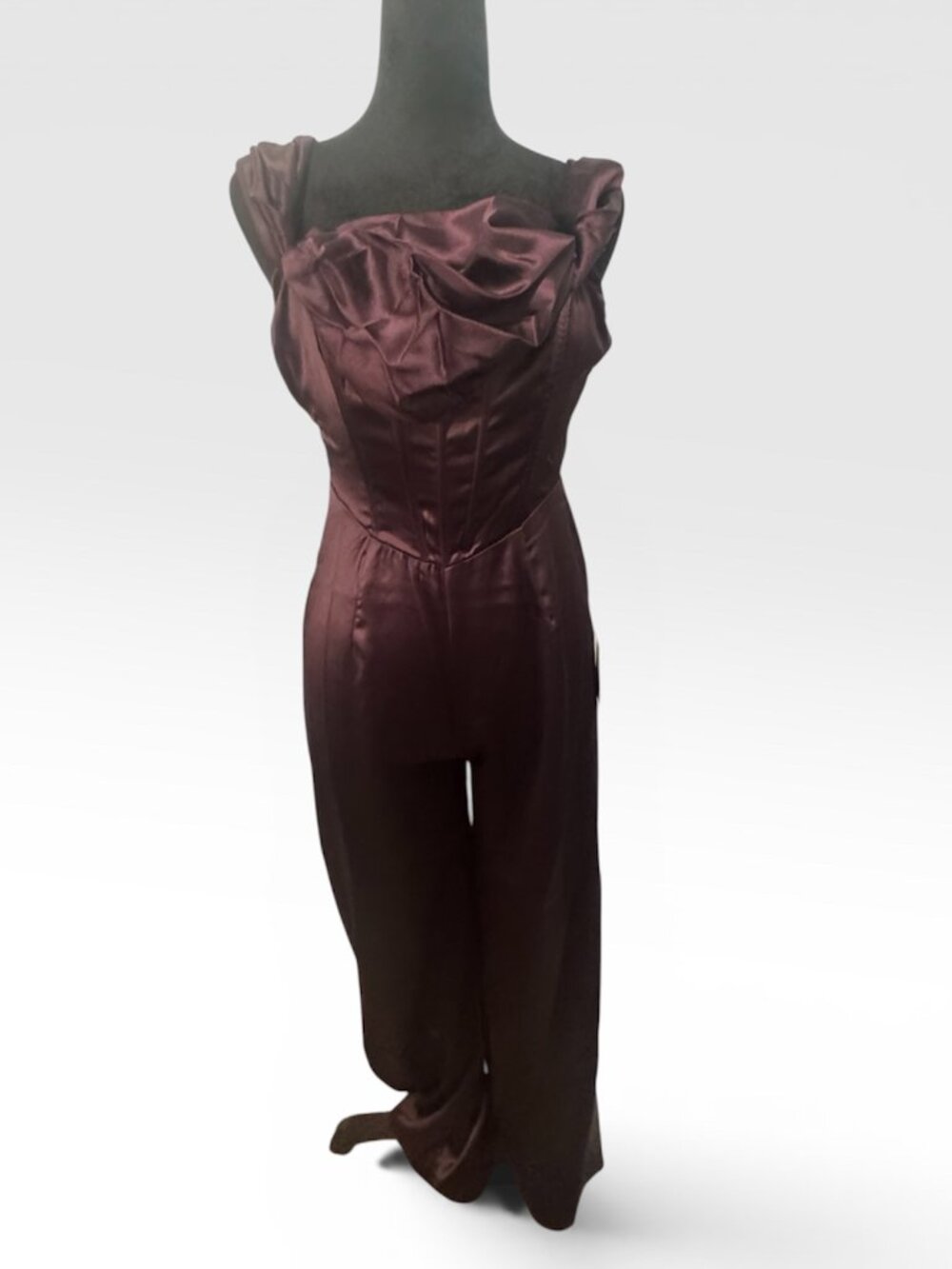 Lulus NWT Plum Satin Corset Wide Leg Jumpsuit Draped Neck Formal Wedding Guest